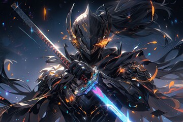 Swordsman in black armor with colorful sword