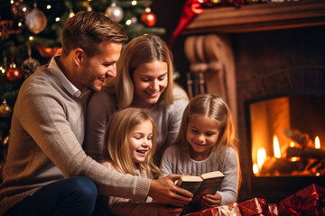 Obraz na płótnie Canvas Family sitting by the fireplace, Christmas tree standing next to it. Children enjoying colourful presents. AI generativ.