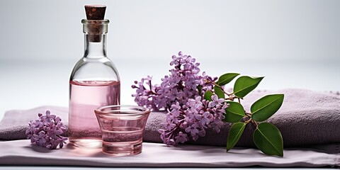 Isolated fresh sprig of lilac and bottle with cosmetic oil on a white towel on a transparent...