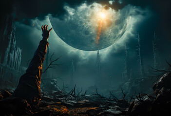 a hand comes out of the earth trying to reach the moon, halloween scene, scary, illustration