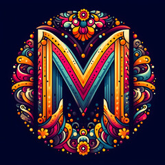 letter &ldquo;M&rdquo; in the center modern typography with Indian colors festival