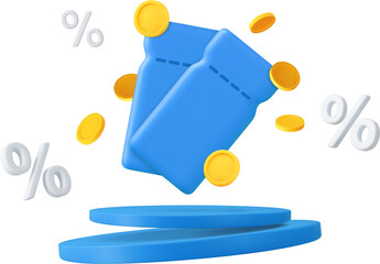 3d coupon with coins in podium