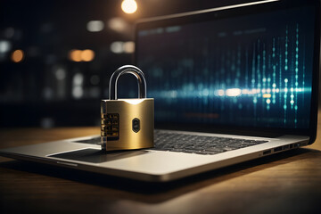 A digital padlock stands guard in front of a sleek laptop, symbolizing the importance of cyber security and data protection. Generative AI.