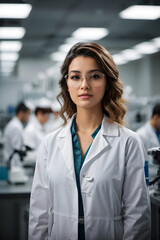 A stunning young woman stands confidently in a modern medical science laboratory, her white coat and glasses generative Ai  .