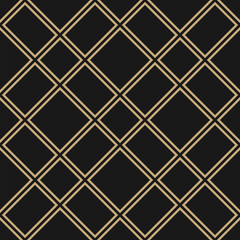 Golden square grid seamless pattern. Abstract minimal black and gold geometric texture. Simple vector minimalist background with diagonal linear lattice, grid, net, mesh, grill. Repeat luxury design