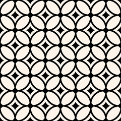 Fototapeta premium Monochrome vector geometric seamless pattern with big rounded grid, mesh, lattice, circles, diamonds, curved lines. Simple abstract black and white background. Minimal vector ornament. Repeat design