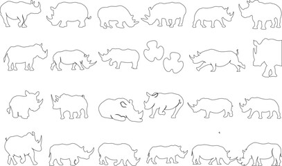 minimalist rhino line art vector illustration. Perfect for modern logo design, branding, and wildlife-themed projects. This black and white sketch captures the majestic rhinoceros in various poses and