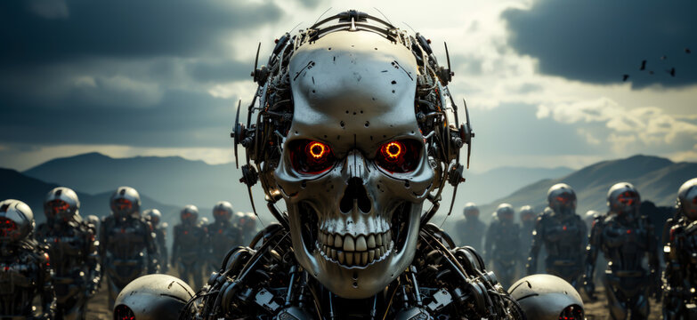portrait of a robot with a skull-shaped face, an army in the background, end of humanity, war between artificial intelligence and humans