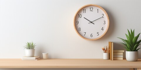 Mockup of a white background with an empty frame, a round wall clock, supplies, and a cup. desk for a home office with small space.
