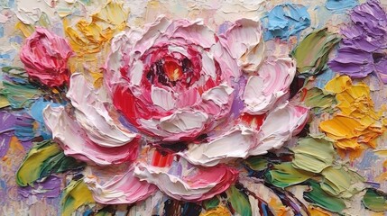 Generative AI, Oil painting of flowers on canvas. Beautiful abstract colorful flowers. Macro impasto painting.	
