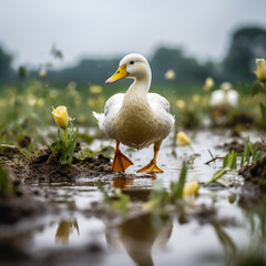 Obraz premium a duck walks across a green field