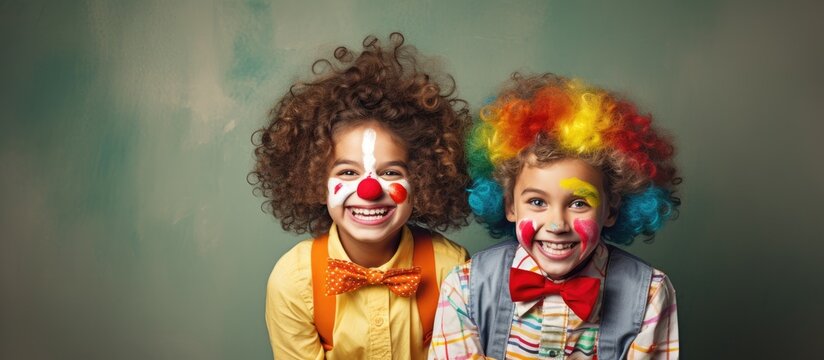 Joyful kids adorned in comical clown attire With copyspace for text