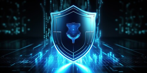 Neon cyber security shield. Security and privacy mechanism.