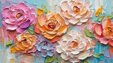 Generative AI, Oil painting of flowers on canvas. Beautiful abstract colorful flowers. Macro impasto painting.	
