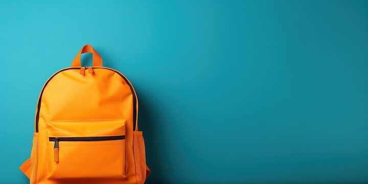 Orange school backpack on a blue background, banner, copy space.