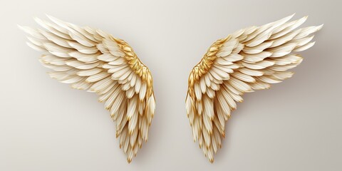 Pair of gold wings and feathers isolated on transparent background