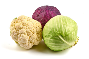Cabbage set. Red cabbage, white cabbage and cauliflower, isolated on white background. Healthy...