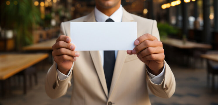 A businessman holding a blank card