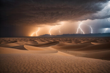 The desert sands are whipped into a frenzy by the raging storm above, as lightning strikes illuminate the darkened sky. - obrazy, fototapety, plakaty