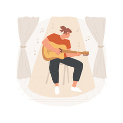 Playing a musical instrument isolated cartoon vector illustration. Young romantic man playing guitar, making a performance with musical instrument, hands-on activity vector cartoon.
