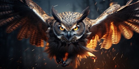 Round eyes and a curved beak, an owl is about to fly in the sky. It has a focused and angry expression on its face, as it searches for its prey. It spreads its wings wide shows its power..
