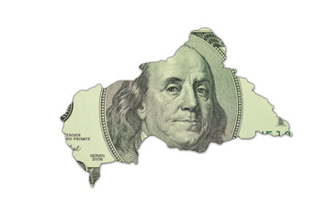 map of central african republic on a american dollar money texture on the white background. finance concept.
