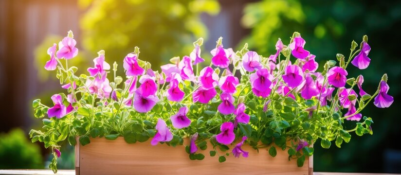 Container gardening with young lathyrus flowers With copyspace for text