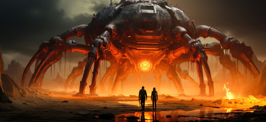 two people stand in front of a giant robot spider, cinematic style