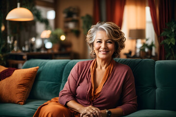 Obraz premium A vibrant and joyful middle-aged woman sits comfortably on a plush sofa