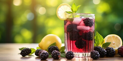 Summer healthy drink. Blackberries lemonade with berries, lemon, mint and ice cubes in transparent glass on table on blurred garden background. Healthy refreshing beverage.
