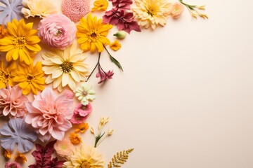 Creative layout made of flowers and leaves on a left border. Top view pattern of yellow, orange, pink and blue flowers and blank copy space in the right.