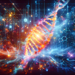 DNA molecule on abstract technology background. 3d rendering toned image double exposure