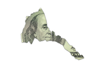 map of eritrea on a american dollar money texture on the white background. finance concept.