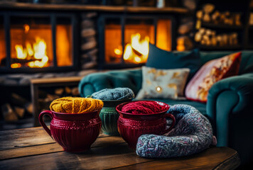 two cups of colored coffee, a red blanket and a lit fireplace in the background, winter at home, comfortable