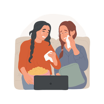 Drama isolated cartoon vector illustration. Crying teenage girls watching drama movie on tv, home entertainment with friend, leisure time together, teens lifestyle vector cartoon.