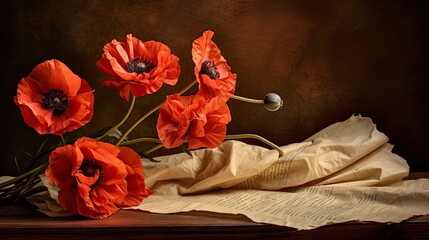 Poppies and Parchment: Rustic red poppies and crumpled parchment papers harmoniously spread, invoking old-world charm