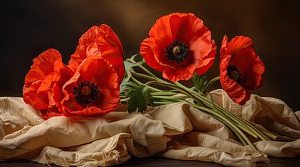 Poppies and Parchment: Rustic red poppies and crumpled parchment papers harmoniously spread, invoking old-world charm