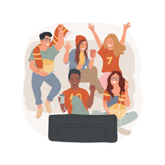 Watching sports isolated cartoon vector illustration. Group of emotional teenagers cheering for favourite team, friends watching sport match at home and celebrating victory vector cartoon.