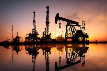 Crude Oil pump oil rig energy industrial machine for petroleum in desert land with the sunset background twilight time. AI generated.