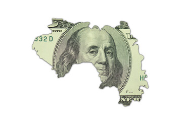 map of guinea on a american dollar money texture on the white background. finance concept.