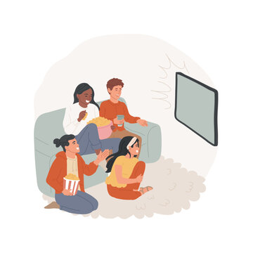 Watching movies isolated cartoon vector illustration. Excited teenage friends watching comedy film and eating popcorn, home entertainment, leisure time with series and movies vector cartoon.