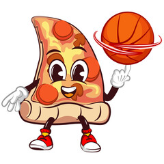 vector mascot character of a slice of pizza playing basketball spinning the ball with fingers