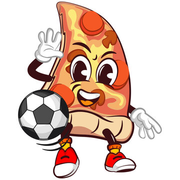 vector mascot character of a slice of pizza playing soccer