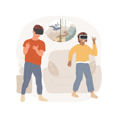 Adventure isolated cartoon vector illustration. Teenage boys wearing virtual reality headsets at home, playing video games, plunging into adventure atmosphere, fantasy world vector cartoon.