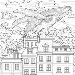 Whale floats in the sky.Coloring book antistress for children and adults. Illustration isolated on white background.Zen-tangle style. Hand draw