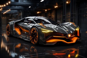 Fototapeta na wymiar Voiture futuriste en 3D équipé de néon de couleur, supercars sport ultra rapide, véhicule du futur, aérodynamisme et adaptée pour des course