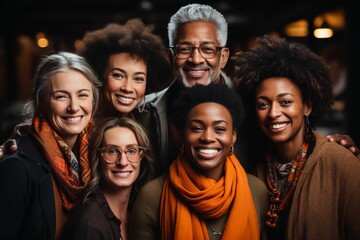 Groupe multiculturel d'homme et de femme, caucasien, afro et asiatique, souriant et joyeux 