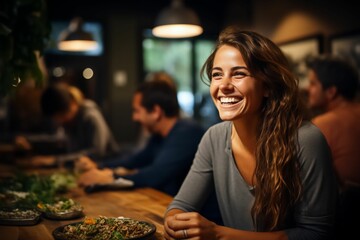 Portrait femme souriante entouré de ses amis dans un bar, restaurant, moment conviviale en groupe