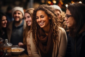 Portrait femme souriante entouré de ses amis dans un bar, restaurant, moment conviviale en groupe - obrazy, fototapety, plakaty