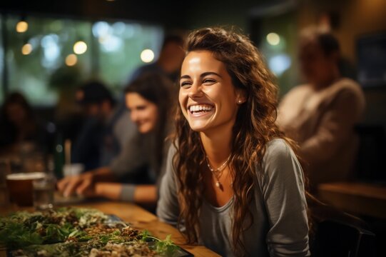 Portrait femme souriante entour&eacute; de ses amis dans un bar, restaurant, moment conviviale en groupe